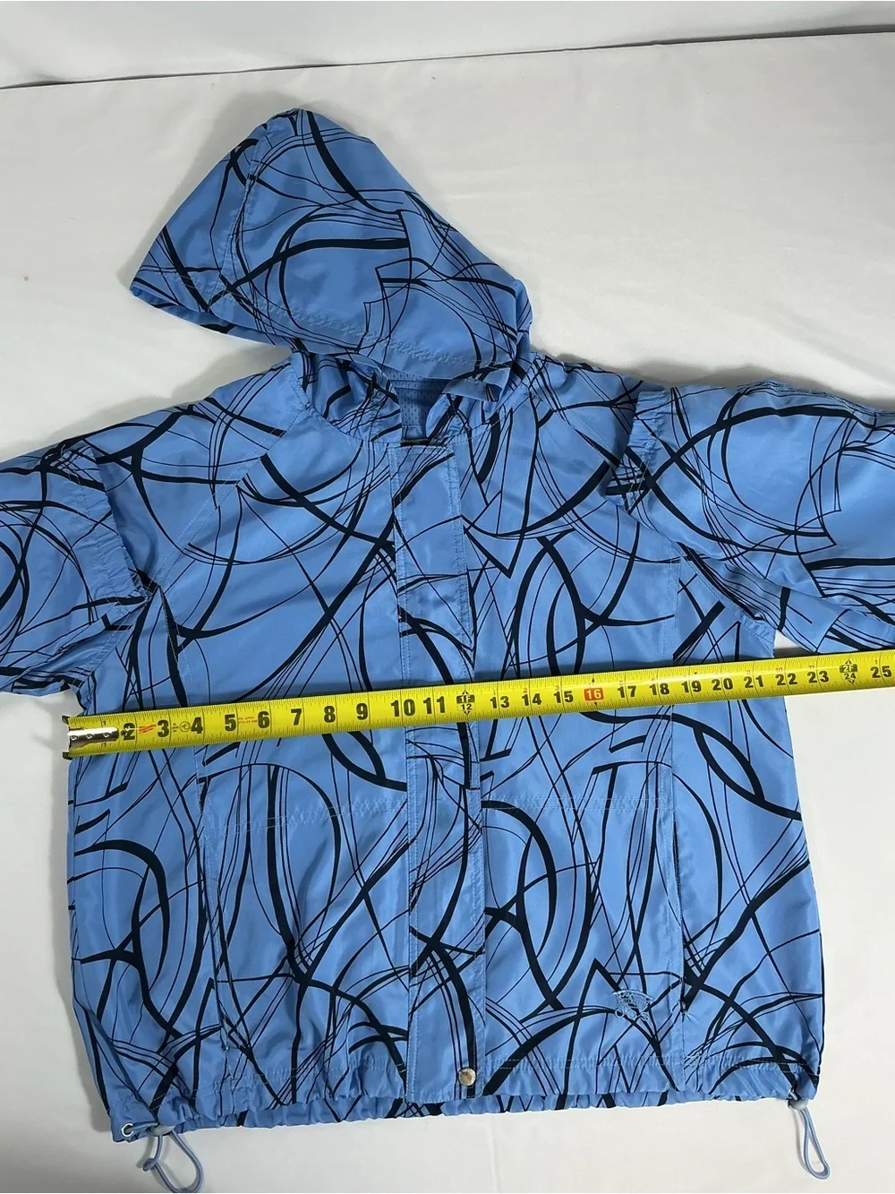 Oleg Cassini Blue Hooded Bomber with Black Abstract Lines